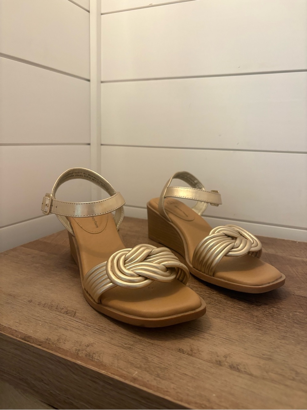 Time and Tru Metallic Gold Knot Wedge Sandals